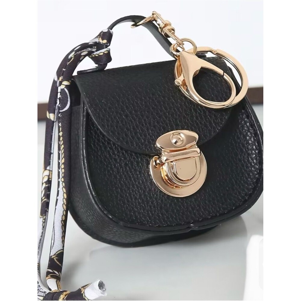 NWT Black Pebbled Mini Saddle Bag Charm Keychain with Twilly Scarf